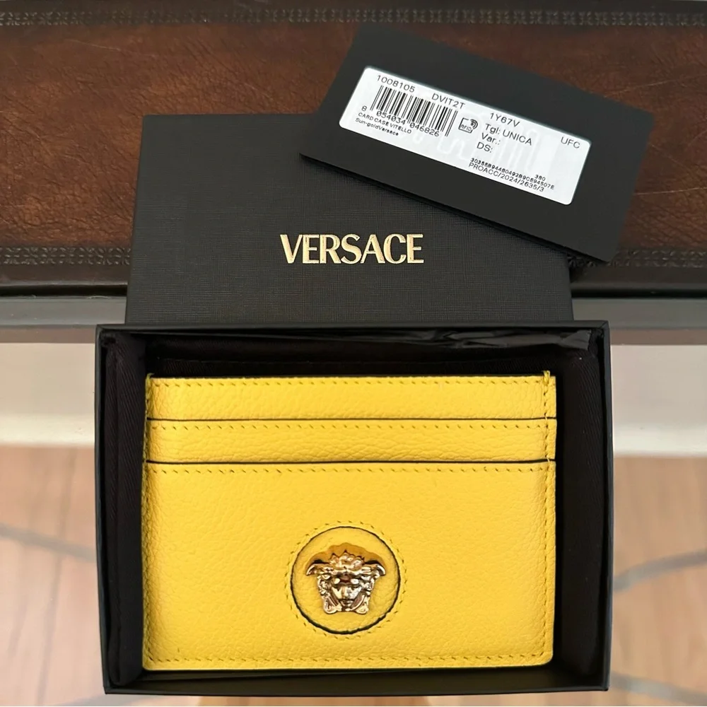 NWT Versace | Yellow Mini Medusa Leather Slim Card Holder Case Wallet $350